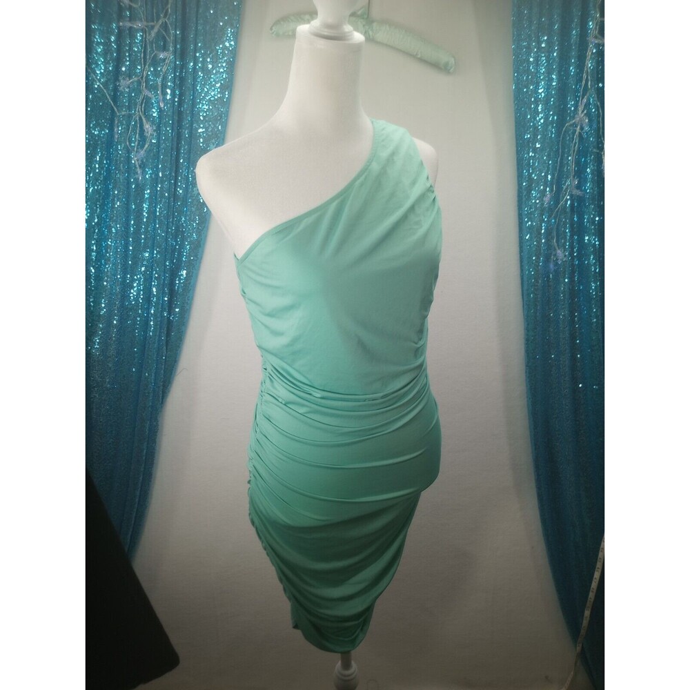 NWT Pretty Garden Dress Size M One Shoulder Ruched Mini Lined Seafoam Green